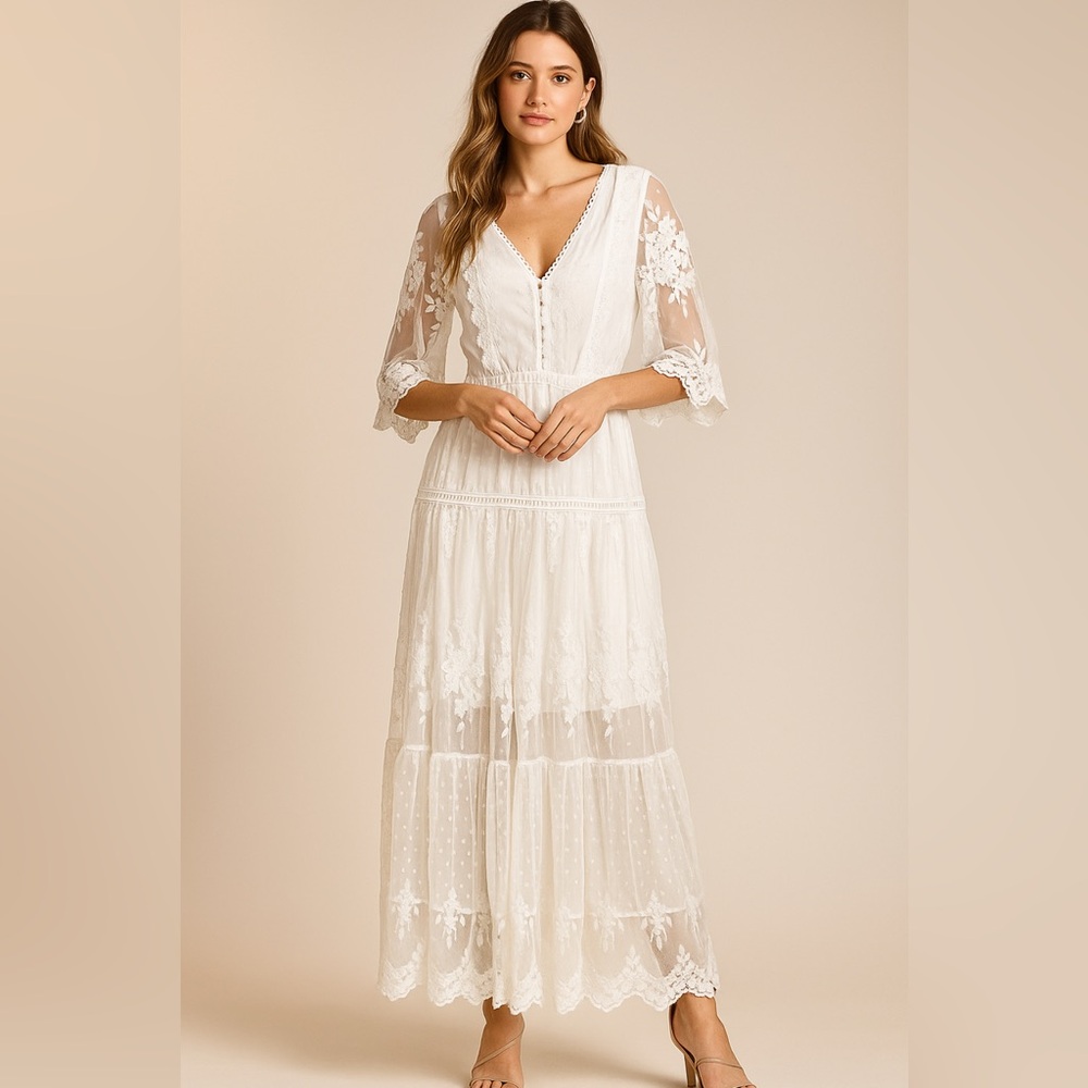 White Lace Cottagecore Maxi Dress Boho Prairie Style Embroidered Sheer Layers